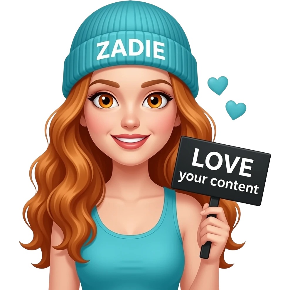 sexy girl with overlong wavy ginger hair and ginger eyes wearing a turquoise tanktop and a turquoise beanie with ZADIE written on it, is holding a black sign with LOVE your content written on it emoji