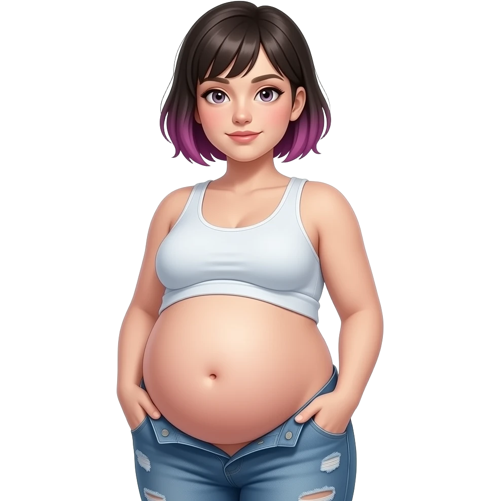 A girl with a semi pixie emo hairstyle,wears a crop top and a unbuttoned pants,stocky robust build,she always looks constantly well fed & pregnant like,her tummy is big & round,heavy in the belly,she is stuffed silly,her bellybutton is deep hollow innie like a tiny void. emoji