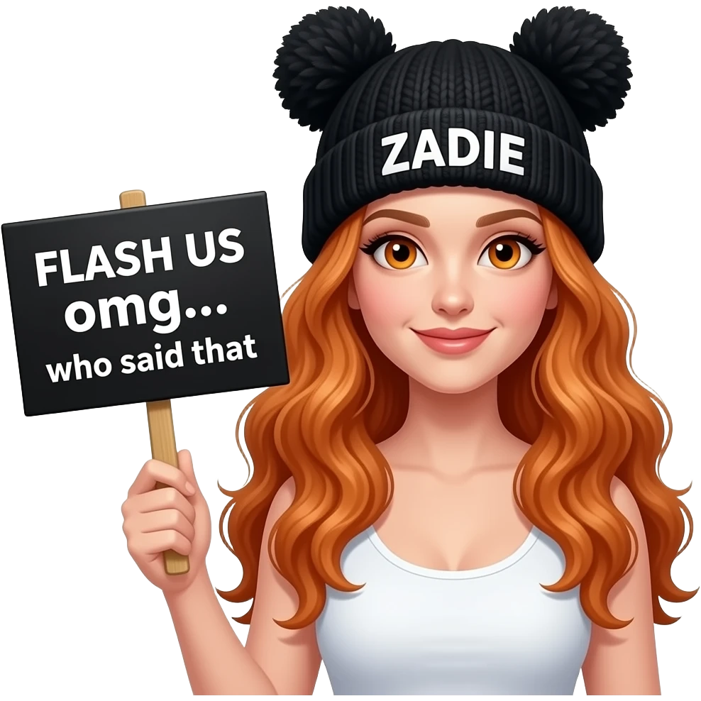 sexy girl with overlong wavy ginger hair and ginger eyes wearing a white tanktop and a black pom hat with ears with ZADIE written on it is holding a black sign with FLASH US omg... who said that on it emoji