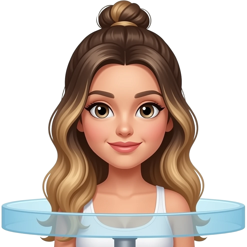 Bunette balayage long hair, curvy girl on a stand up tanning bed emoji