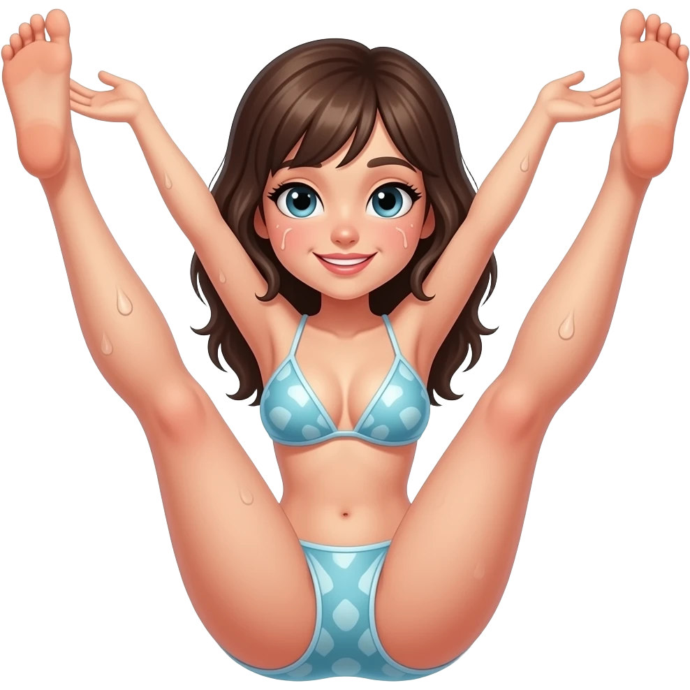 sweaty girl spreading her legs up in the air wearing a transparent bikini emoji