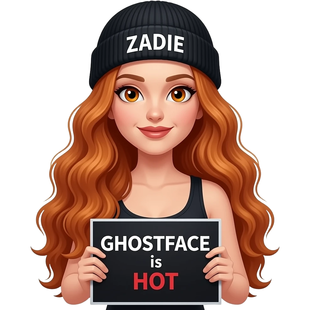 sexy girl with overlong wavy ginger hair and ginger eyes wearing a black tanktop and a black beanie with ZADIE written on it, is holding a black sign with just GHOSTFACE is HOT on it emoji