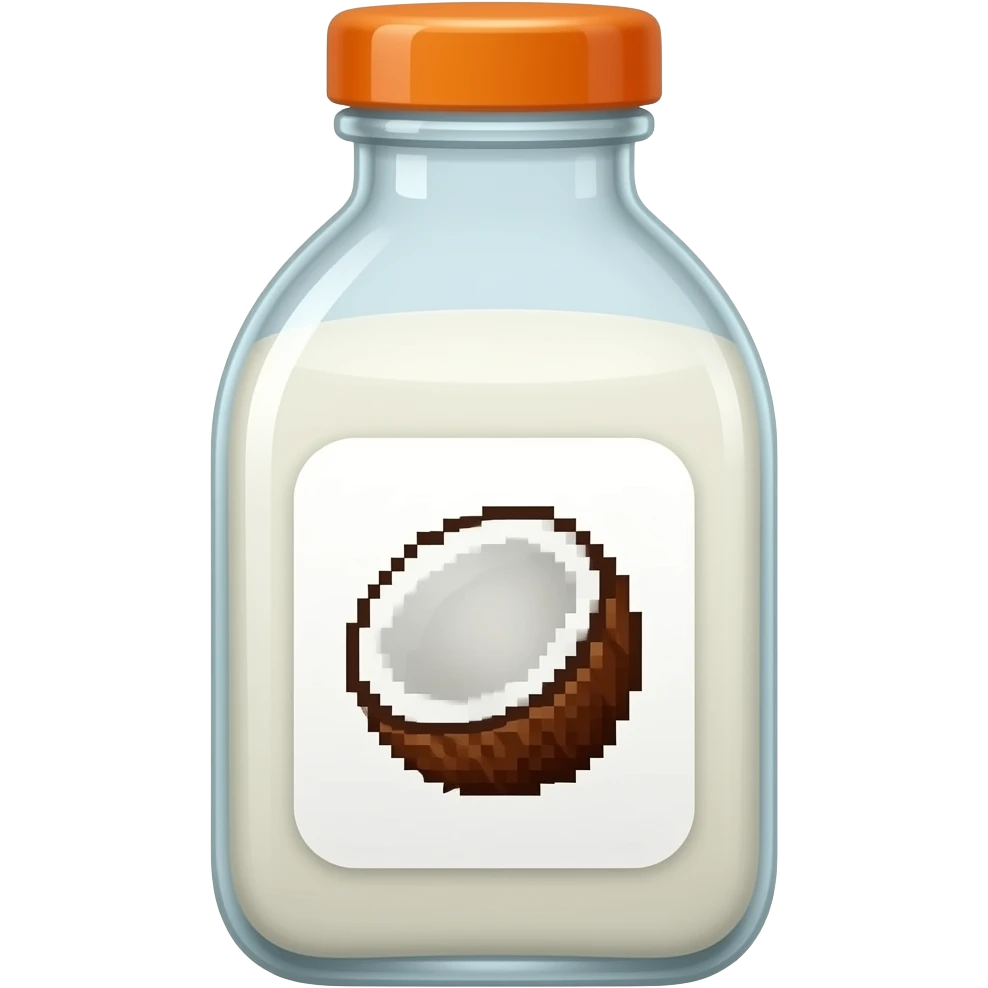 شیر نارگیل در بطری شیشه ای مربعی شکل با در نارنجی و برچسب سفید با عکس نارگیل پیکسلی emoji