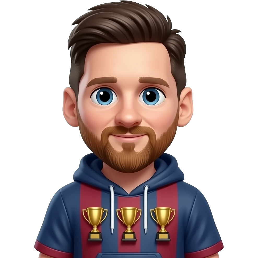 Create a 3D chibi Messi emoji, chest-up composition, glossy cartoon style, three small identical golden trophies blended into hoodie wrinkles emoji