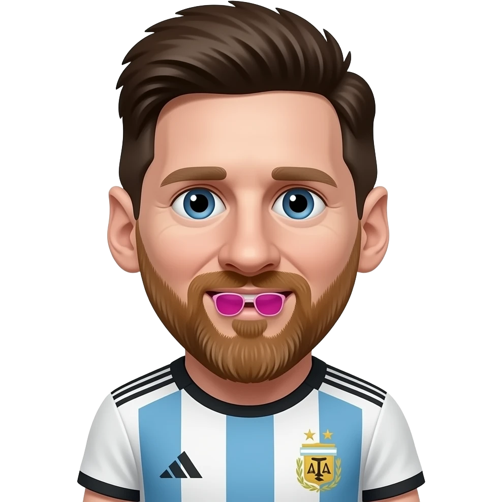 Messi emoji avatar, front-facing, Argentina jersey, cute cartoon style. One small pink sunglasses is held between his teeth, sitting inside the mouth, clearly visible and funny. emoji