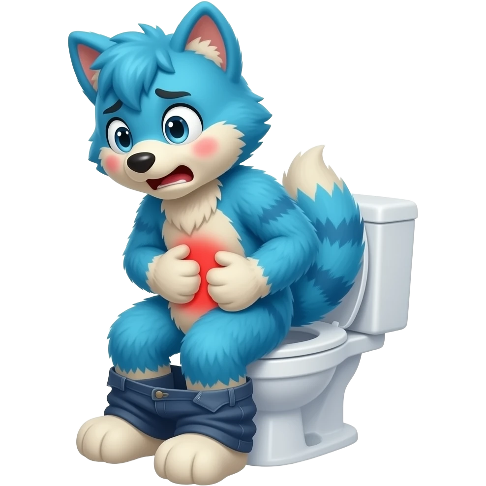 blue fursuit sitting on toilet, side view , pants down, pushing, straining face,  uncomfortable, stomach ache , sweating, red face emoji