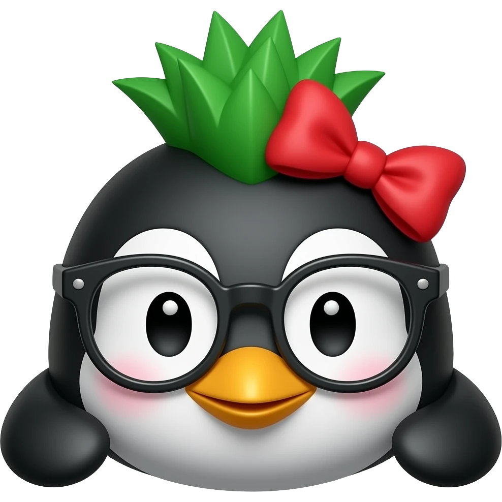 green spiky mohawk haired black penguin with red hairbow and glassess, just face emoji