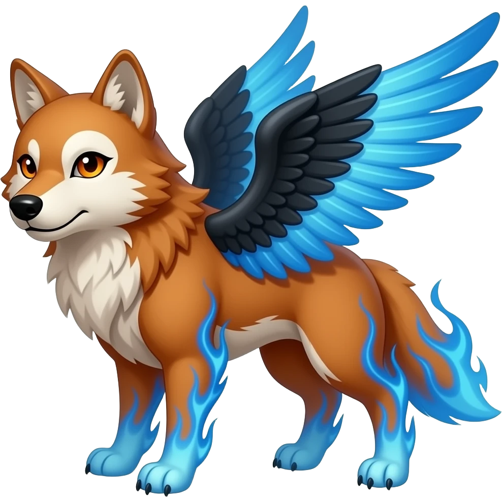 russet wolf with orange eyes, a white marking over the left eye, black, white and blue wings and blue flames over the hur emoji