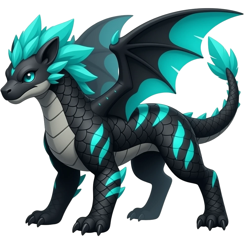 Cool edgy ancient black-scaled with neon-turquoise stripe markings digitigrade bipedal vintage futuristic raptorik fantasy-Cyberpunk-Steampunk-Solarpunk-Genesect-Salamence-Cyclizar-Salazzle-Feraligatr-Fakémon-animal-hybrid, with neon feather-mane, and a tail blade, back spikes, full body emoji