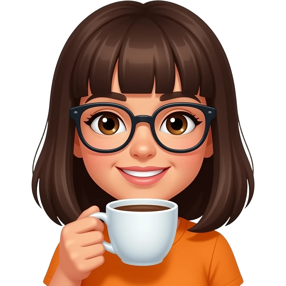 Brunette latina Girl, medium hair with glasses and brown eyes and bangs- drinking coffee with brown and orange tones emoji