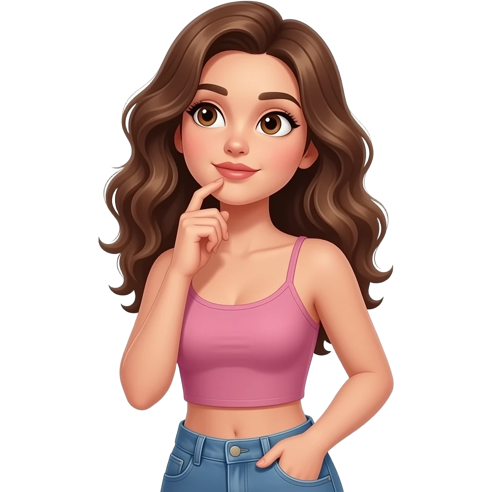 Woman thinking and looking up wearing dusty pink crop top with jean pants. Brown eyes and dark blonde wavy fluffy hair. Very pretty and sexy and seducing eye look emoji