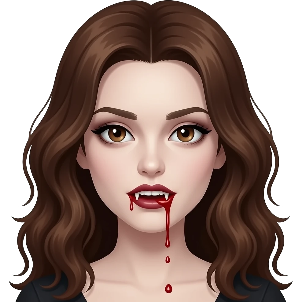 A vampire girl with wavy brown hair, fangs, and blood dripping from her mouth, a somewhat dark appearance with pale skin and not very pronounced dark circles under her eyes, in the style of iOS 16. emoji