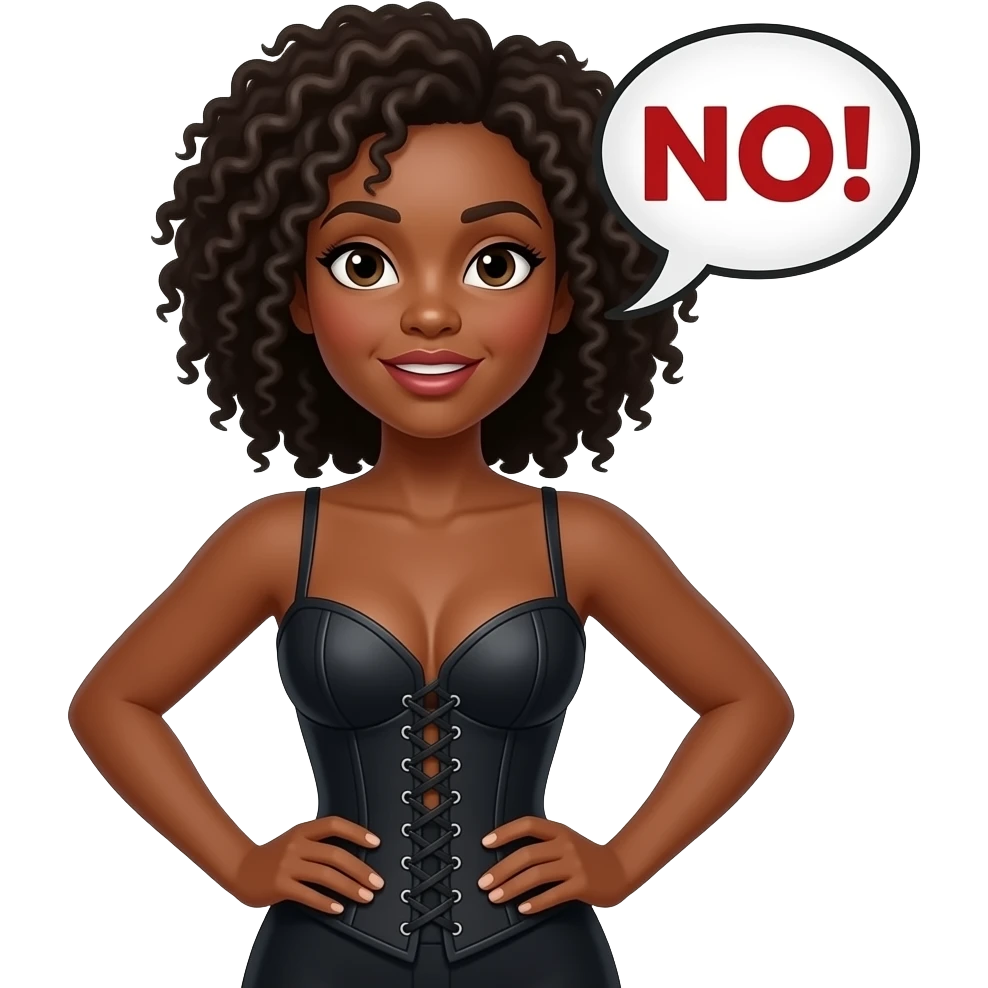 black mistres in corsett saying NO! in displayed text on the emoji! emoji