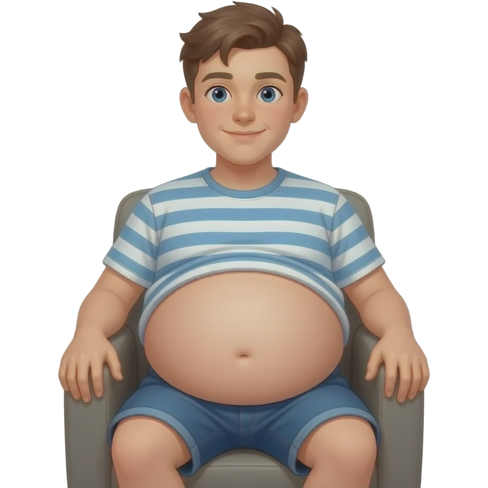Chłopak ma 15 lat bardzo bardzo ogromnym brzucha brzuch ma kształt jak duża piłka i siedzi na krześle emoji