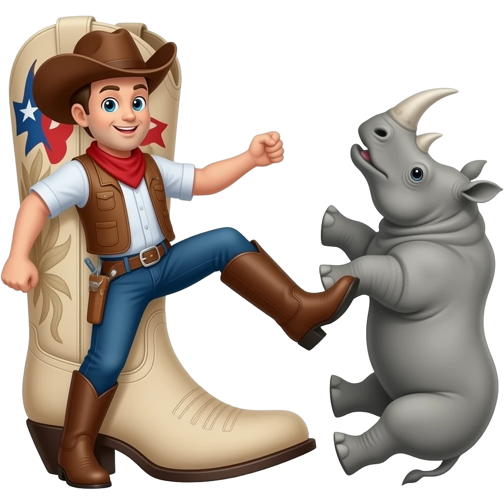 Big texas cowboy boot kicking out a falling rhino emoji
