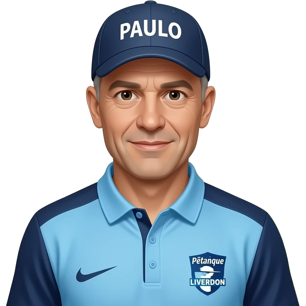 homme 60 ans rasé totalement sous casquette "PAULO" maillot col 3 boutons bleu clair épaules bleu clair manches bleu foncé "Pétanque LIVERDUN" côté droit, PERIDON Paysage côté droit emoji