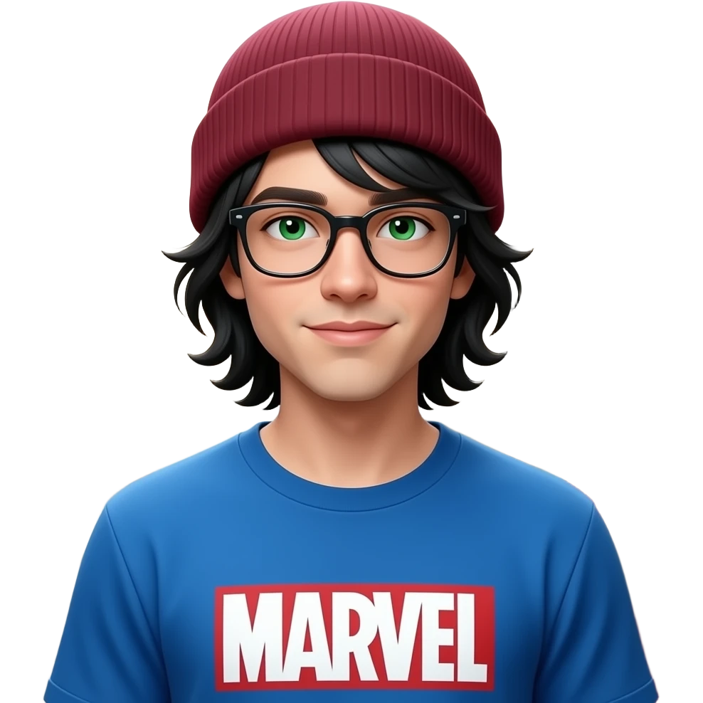 tall, early 20's, male, loose maroon beanie, long,black hair, green eyes, glasses, attractive, blue marvel t-shirt emoji