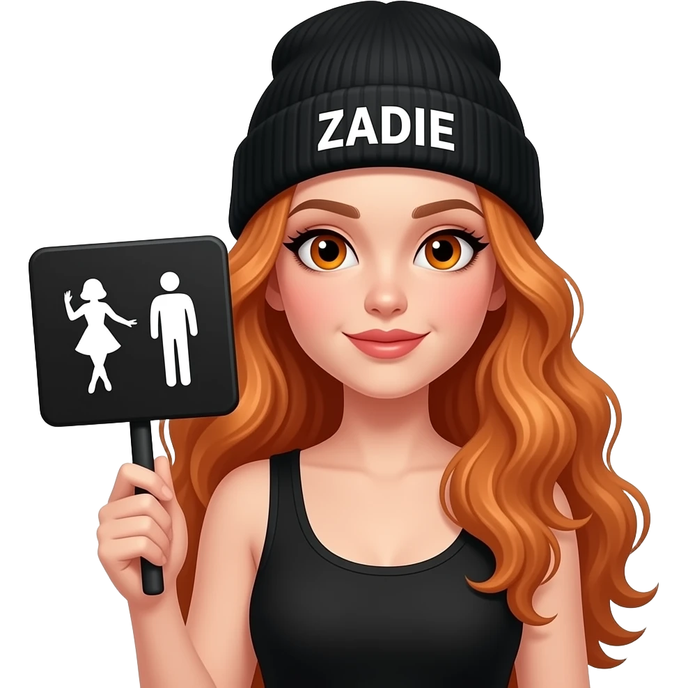 sexy girl with overlong wavy ginger hair and ginger eyes wearing a black tanktop and a black beanie with ZADIE written on it, is holding a black sign with 💃🕺 on it emoji