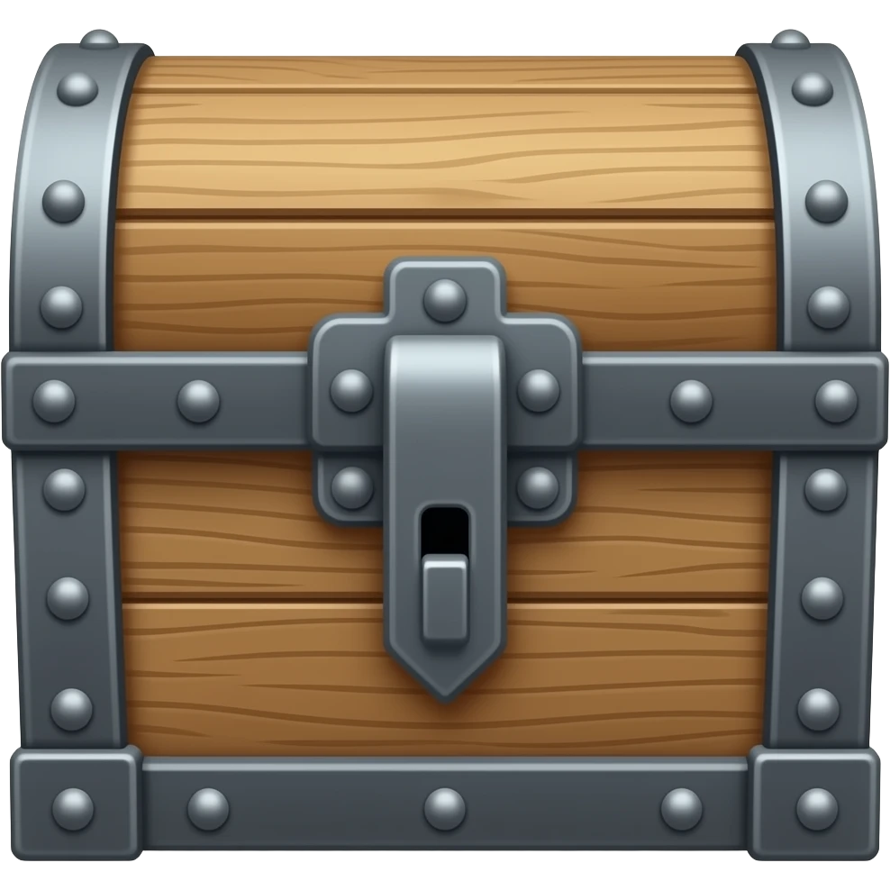 hyper-realistic, Plain looking battered wooden chest with iron fittings, closed, facing forward emoji
