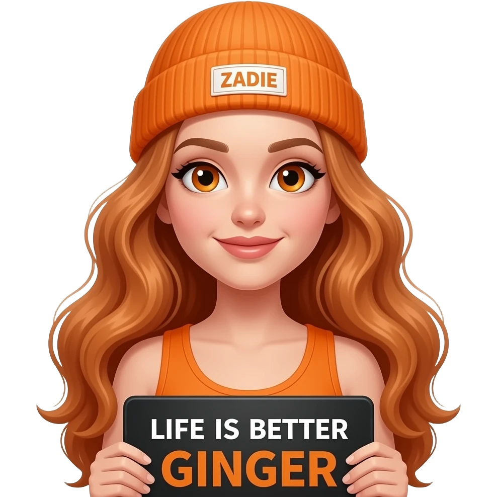 sexy girl with overlong wavy ginger hair and ginger eyes wearing a orange tanktop and a orange beanie with ZADIE written on it, is holding a black sign with LIFE IS BETTER with a GINGER written on it emoji