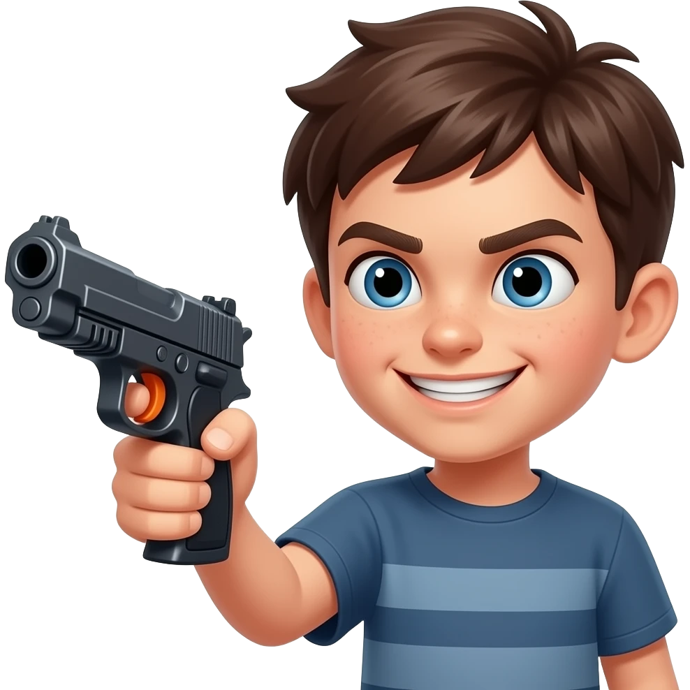 Kid with a toy gun looking at you with an evil idiot smile emoji