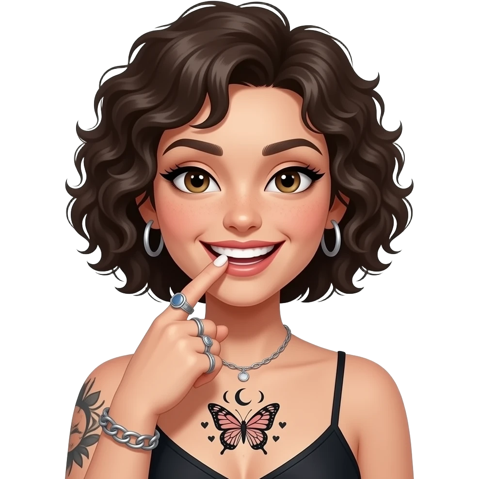Une femme au cheveux plus courts à la garçonne coiffé sur le devant et bouclés. Qui se mord le doigt avec un grand sourire coquin. Un tatouage sur le torse de papillon avec les croissants de lune au dessus. Avec des bagues. Et des cœurs autour emoji