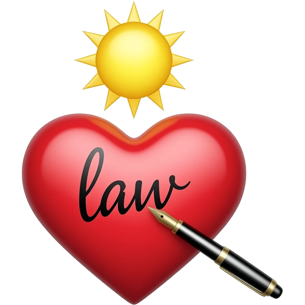 a floating sun above a heart with a pen writing the word law on the heart emoji