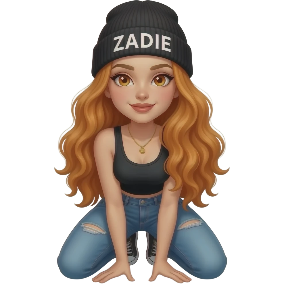 sexy girl with overlong wavy ginger hair and ginger eyes wearing a black tanktop and a black beanie with ZADIE written on it,  knees on the floor emoji
