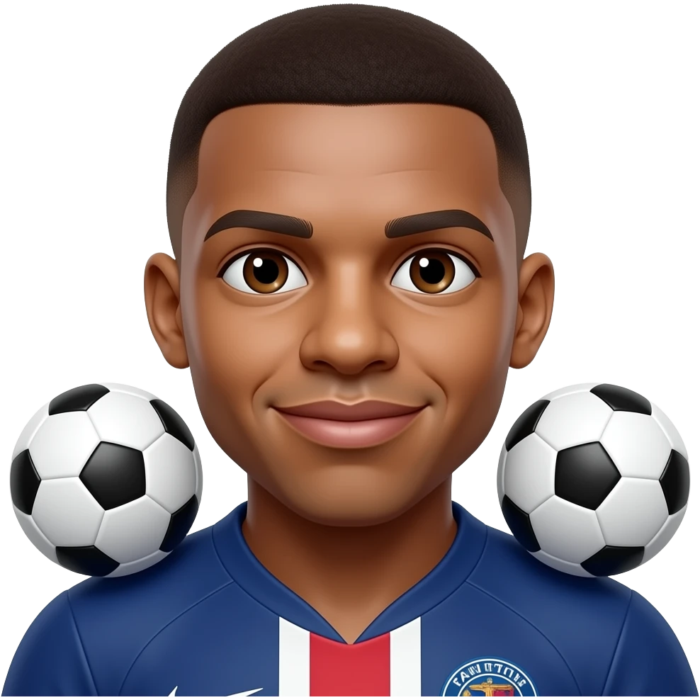 Mbappe-inspired 3D emoji, same face every time, 2 footballs near both shoulders. emoji