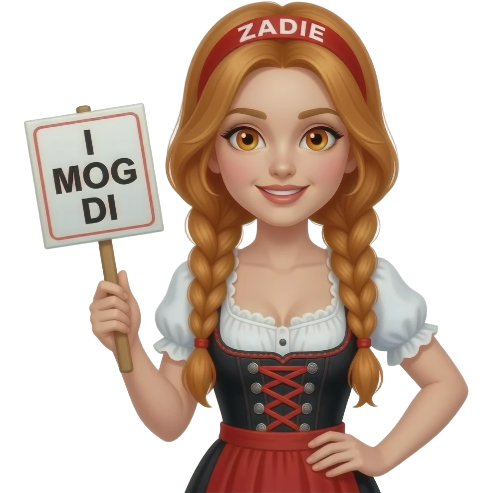 sexy girl with overlong ginger braids and ginger eyes wearing a black red dirndl and a red headband with ZADIE written on it, is holding a sign with I MOG DI written on it emoji