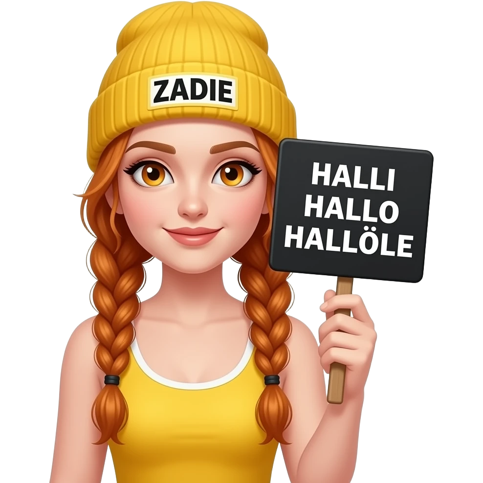 sexy girl with overlong ginger braids and ginger eyes wearing a yellow tanktop and a yellow beanie with ZADIE written on it, is holding a black sign with HALLI HALLO HALLÖLE written on it emoji
