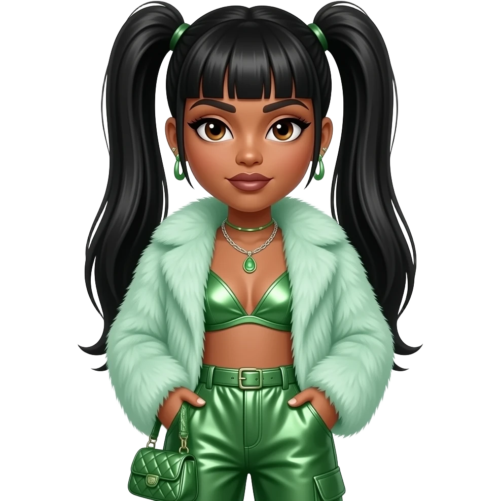Lisa Left Eye Lopes from TLC with medium brown skin, dark brown eyes, black straight two high ponytail bang hair, mint green fur coat, green metallic bra, green metallic baggy pants, necklace and earrings emoji