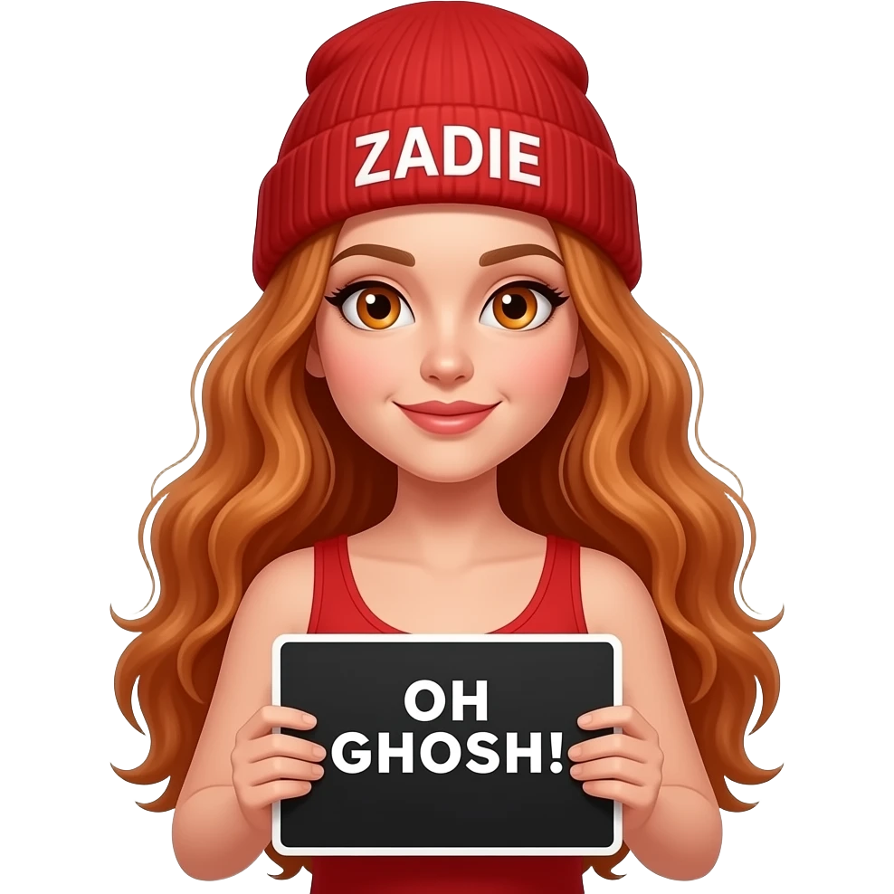 sexy girl with overlong wavy ginger hair and ginger eyes wearing a red tanktop and a red beanie with ZADIE written on it, is holding a black sign with OH GHOSH! to me written on it emoji