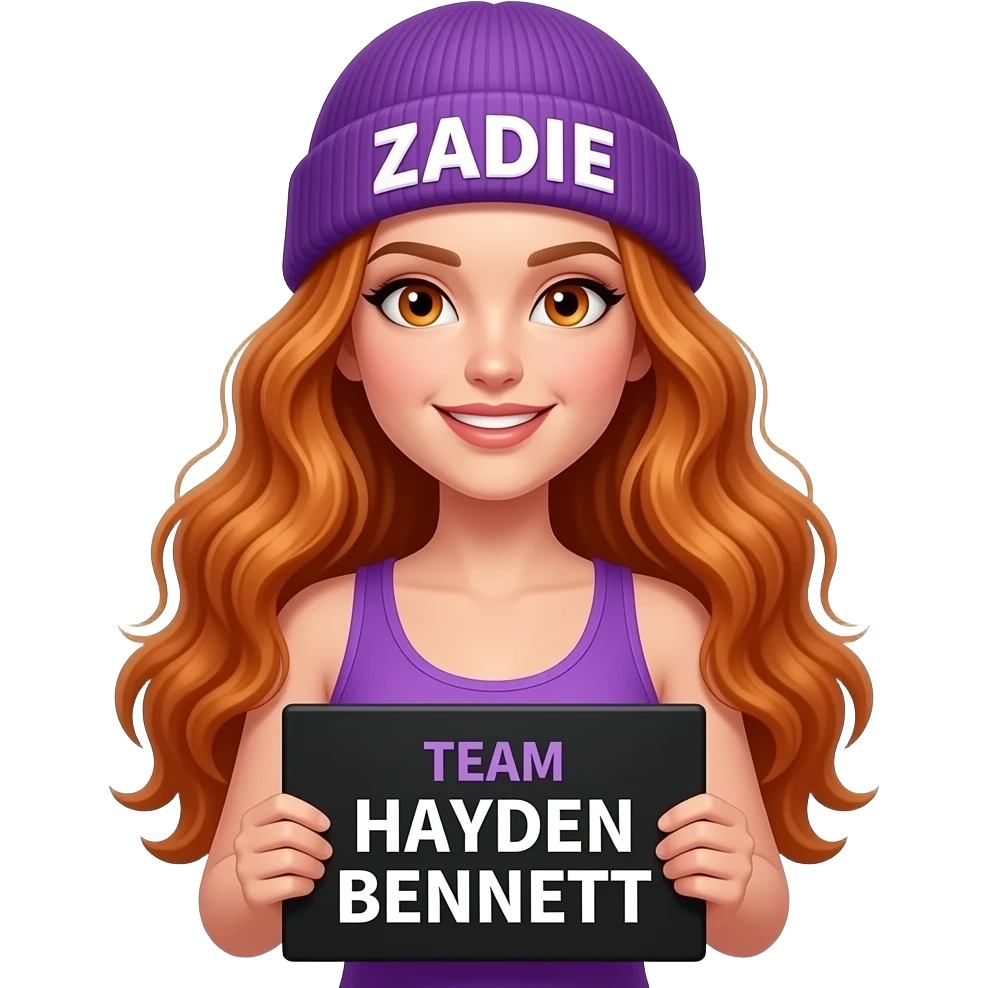 sexy girl with overlong wavy ginger hair and ginger eyes wearing a purple tanktop and a purple beanie with ZADIE written on it, is holding a black sign with TEAM HAYDEN BENNETT written on it emoji