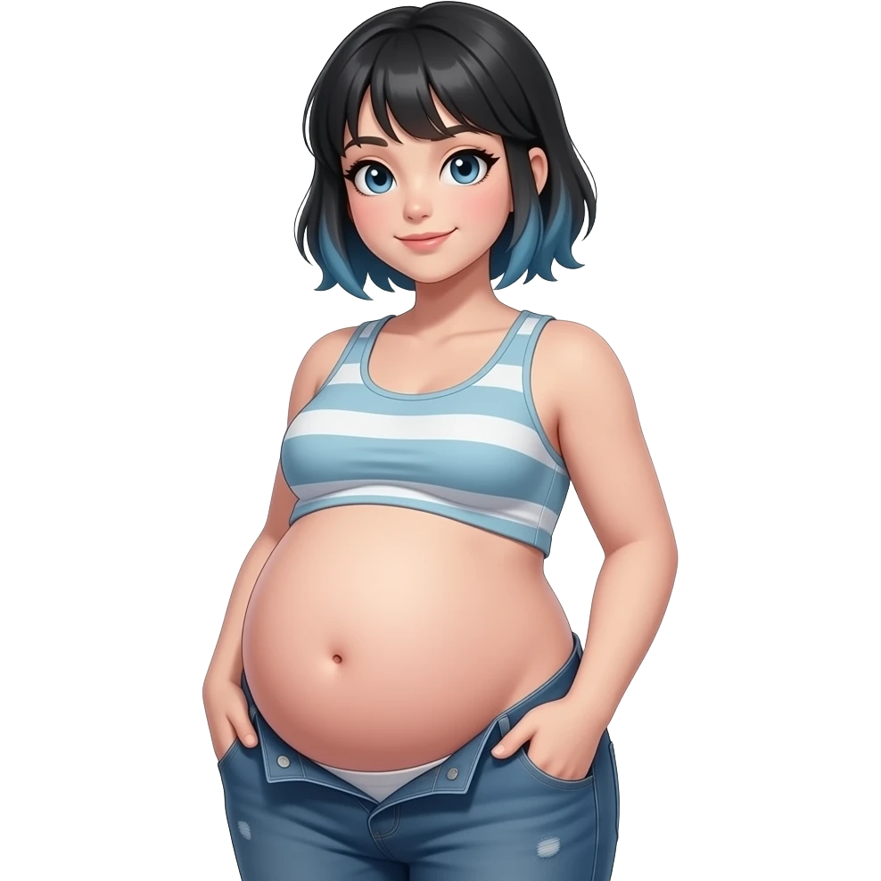 A girl with a semi pixie emo hairstyle,wears a crop top and a unbuttoned pants,stocky robust build,she always looks constantly well fed & pregnant like,her tummy is big & round,heavy in the belly,she is stuffed silly,her bellybutton is deep hollow innie like a tiny void. emoji