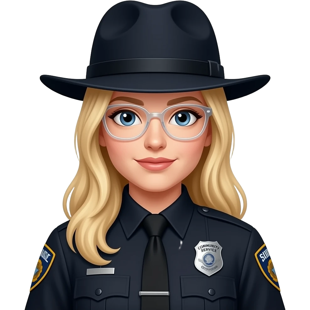 police woman, blonde long hair, not hat, Clear colored glasses, badge says (Community Service Officer) black uniform emoji