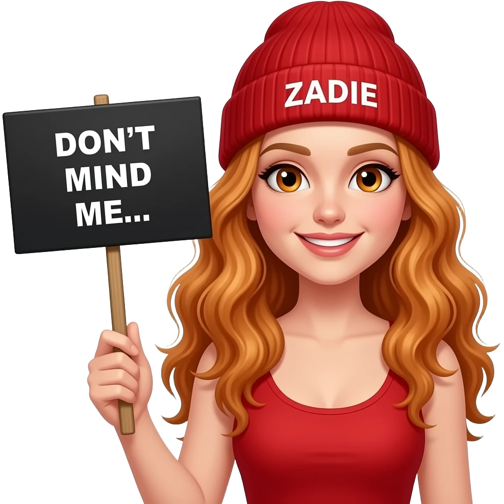 sexy girl with overlong wavy ginger hair and ginger eyes wearing a red tanktop and a red beanie with ZADIE written on it, is holding a black sign with DON'T MIND ME... written on it emoji