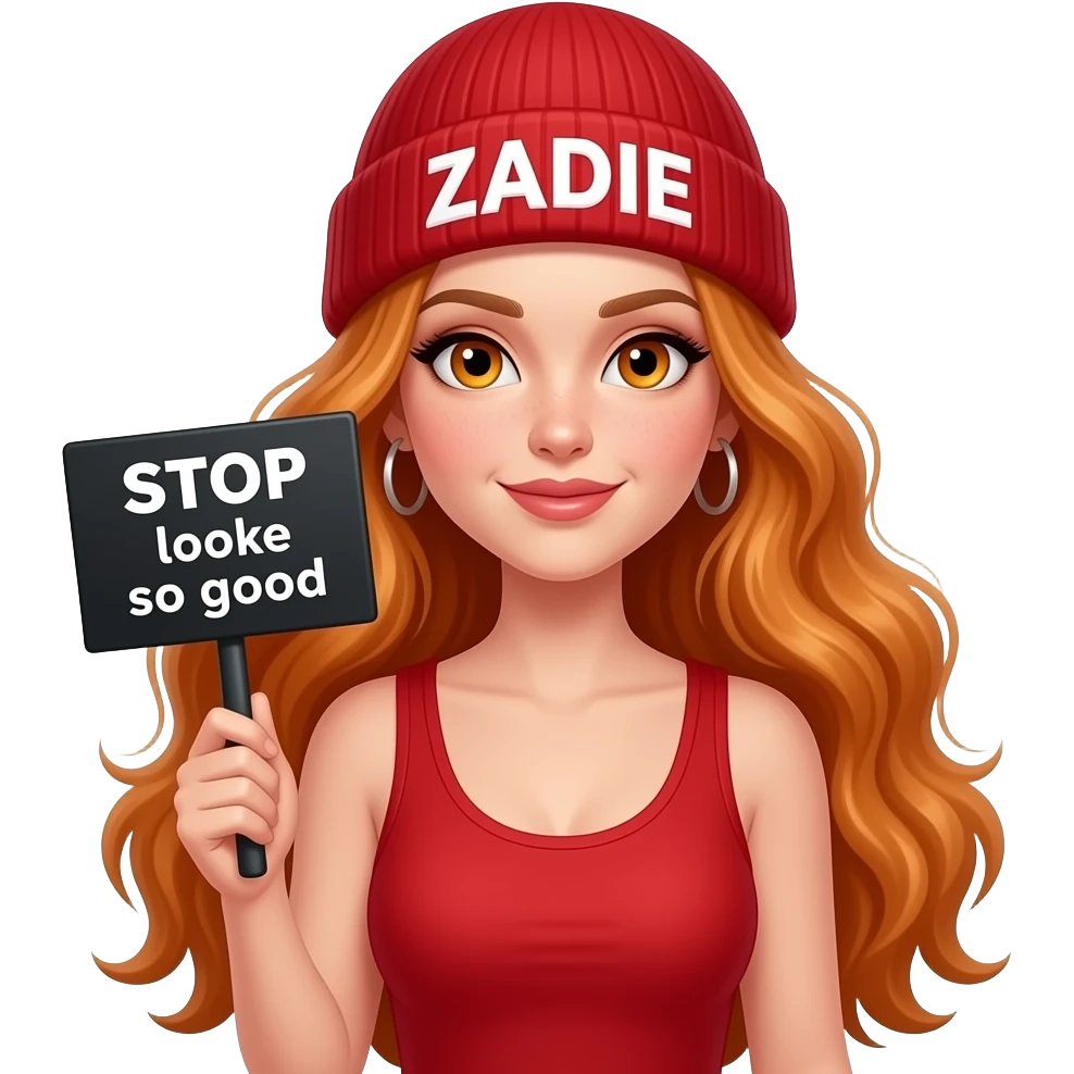 sexy girl with overlong wavy ginger hair and ginger eyes wearing a red tanktop and a red beanie with ZADIE written on it, is holding a black sign with STOP looking so good written on it emoji