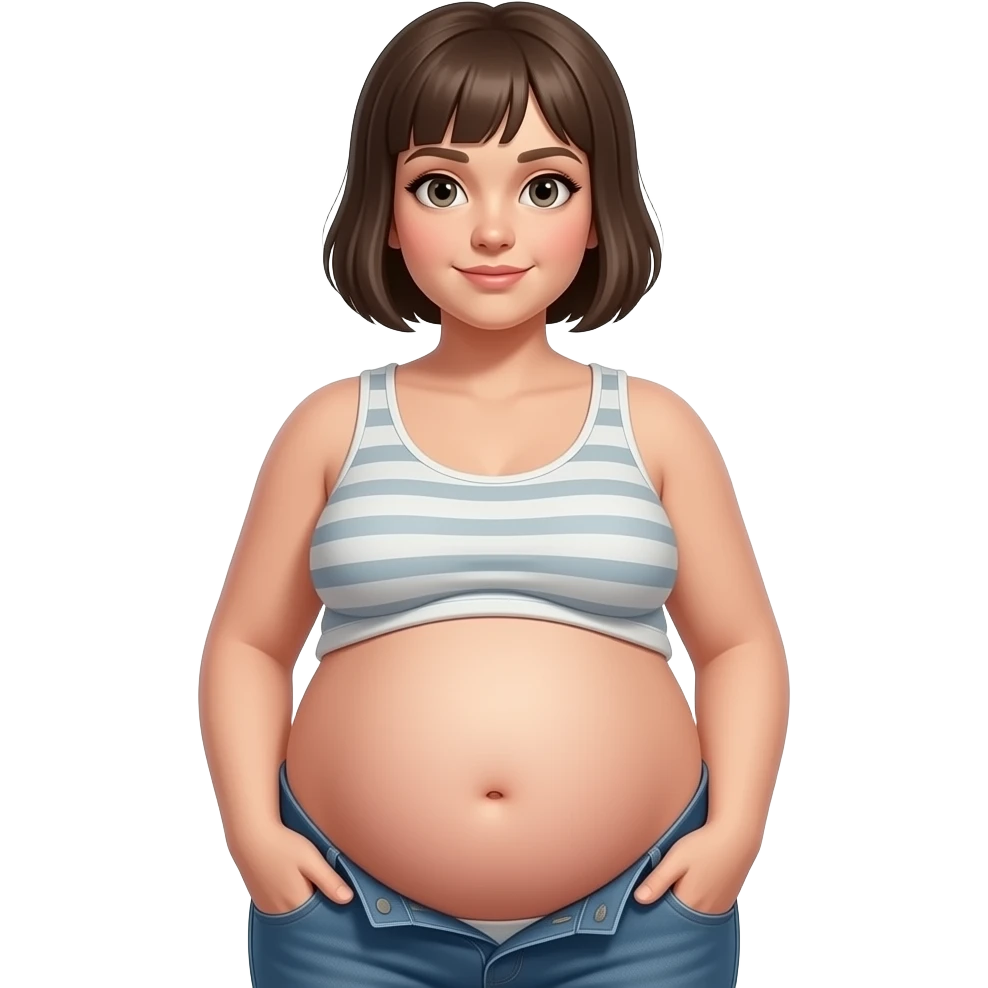 A girl with a semi pixie emo hairstyle,wears a crop top and a unbuttoned pants,stocky robust build,she always looks constantly well fed & pregnant like,her tummy is big & round,heavy in the belly,she is stuffed silly,her bellybutton is deep hollow innie like a tiny void. emoji