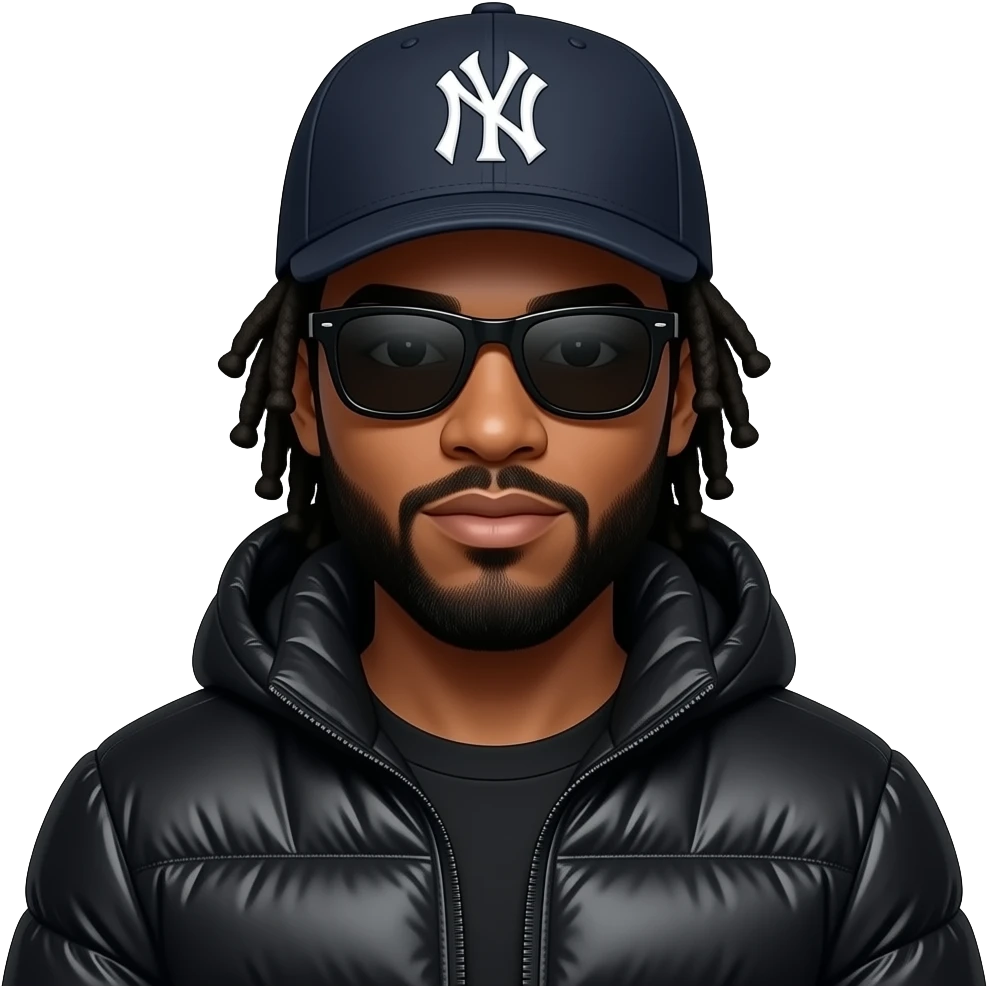 African American man with shoulder length black dreadlocks with black beard wearing black sunglasses wearing a New York Yankees logo baseball cap wearing a black bubble winter coat emoji emoji