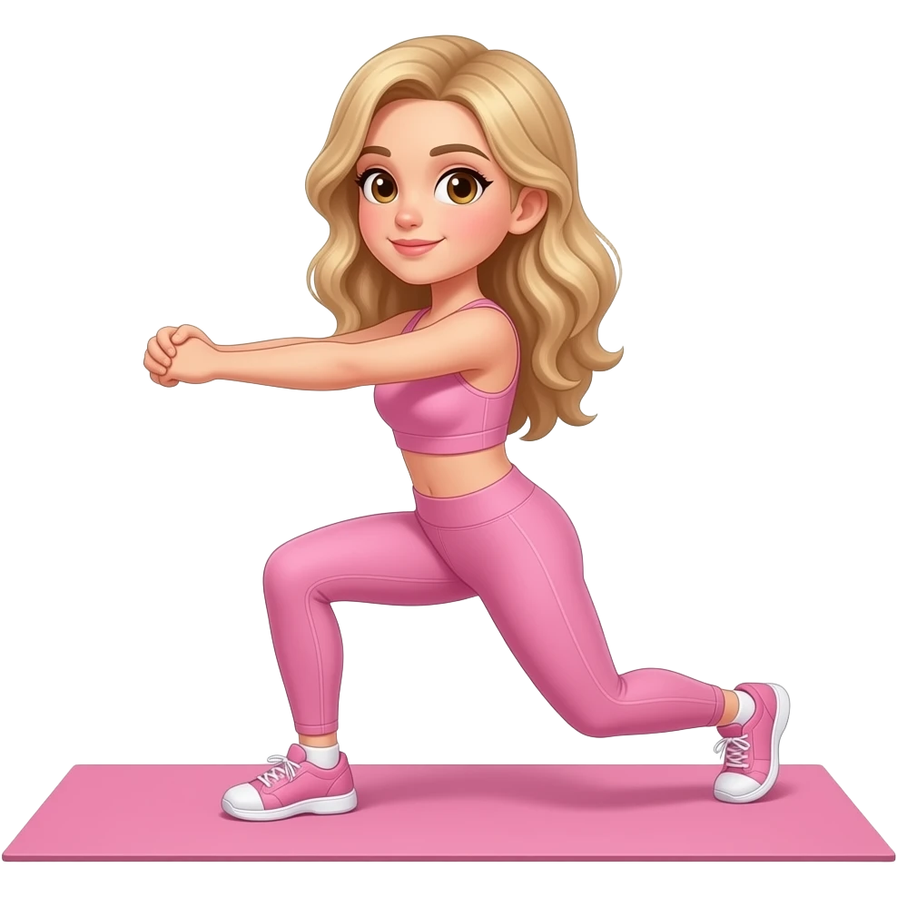 Menina de cabelo loiro longo e ondulado e olhos castanhos de roupa de academia rosa fazendo agachamento virada de lado com os braços juntos dobrados e em cima de uma tapetinho rosa de academia emoji