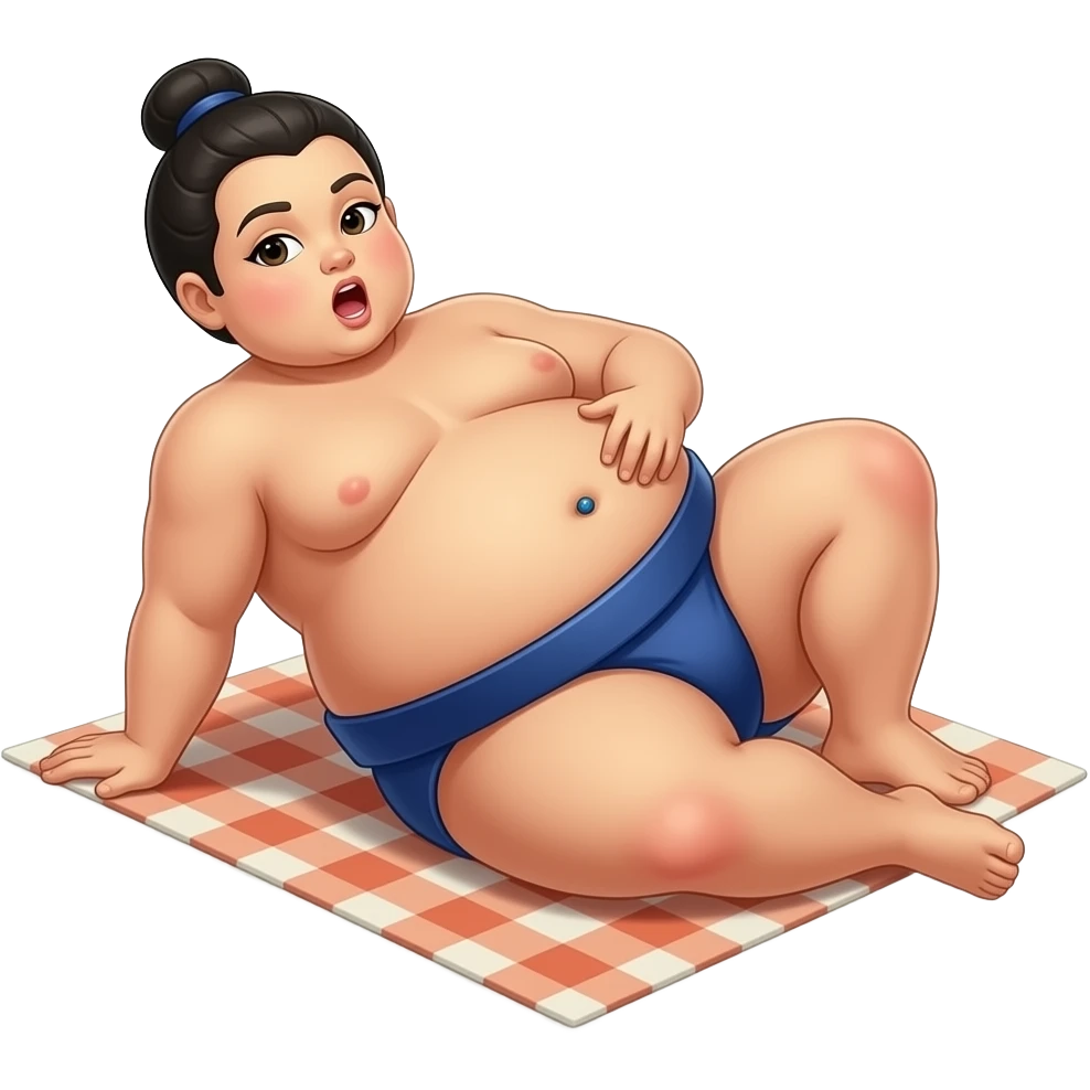 A female Buddha sumo wrestler,relaxing & resting on a picnic blanket,leaning back rubbing her full stomach,her cute Bellybutton goes on display,her waistline is ballooning,her tummy is obese and overstuffed,A compliment by a content burp. emoji
