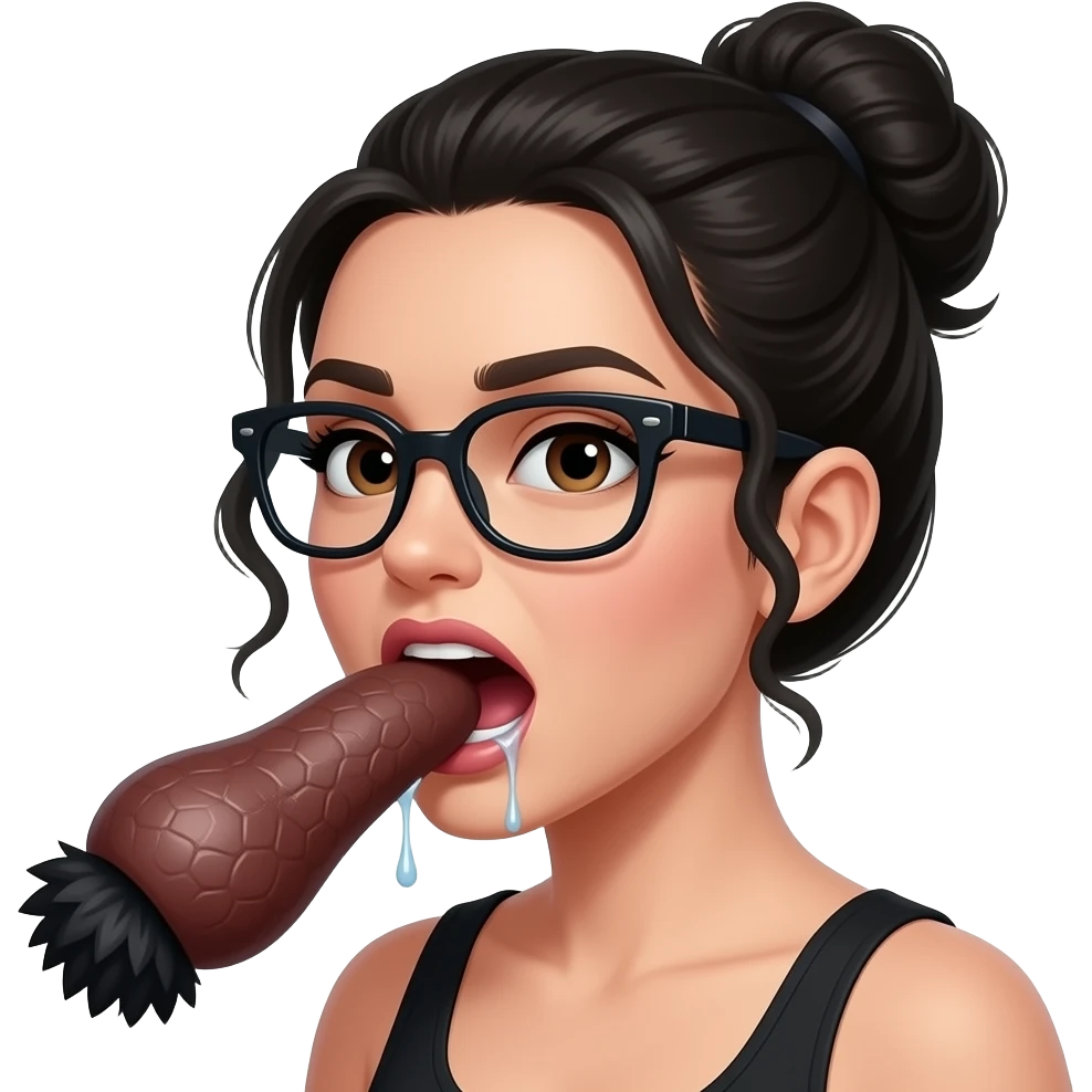Pretty Black long hair in bun, dark brown Female women wearing glasses ,chocking on big dark brown penis with veins with black hair at the base of penis. mouth drooling watering alot, and spit dripping around mouth. emoji