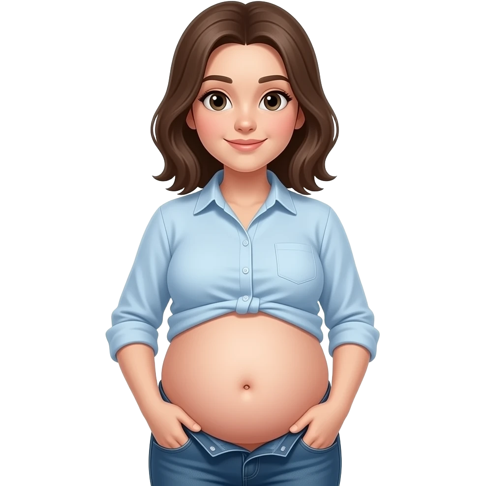 Showing a girl’s big full stomach with a bellybutton going peekaboo and her shrunk shirt losing the battle of the bulge as the poor failing clothes button pop off. emoji