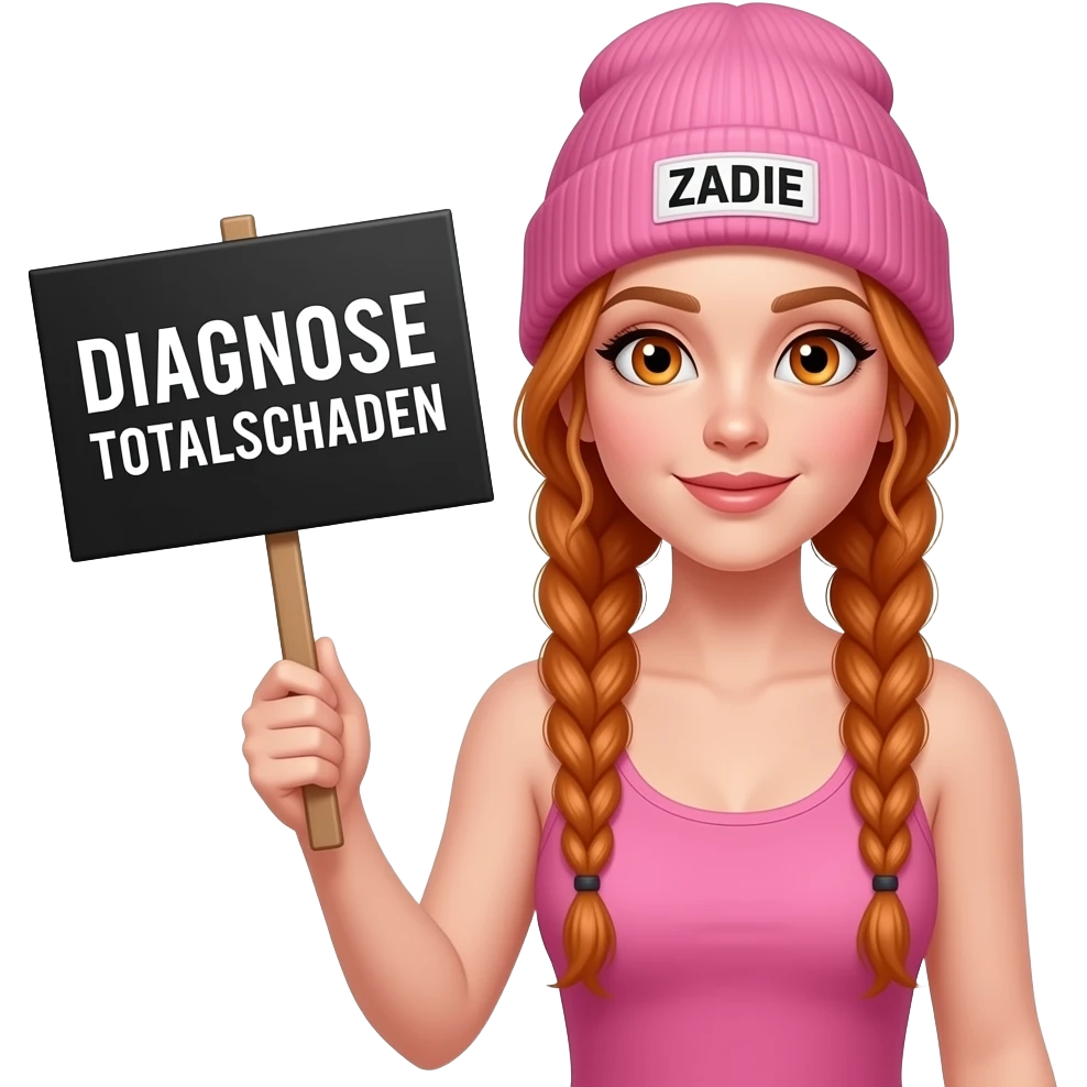 sexy girl with overlong ginger braids and ginger eyes wearing a pink tanktop and a pink beanie with ZADIE written on it, is holding a black sign with DIAGNOSE TOTALSCHADEN written on it emoji