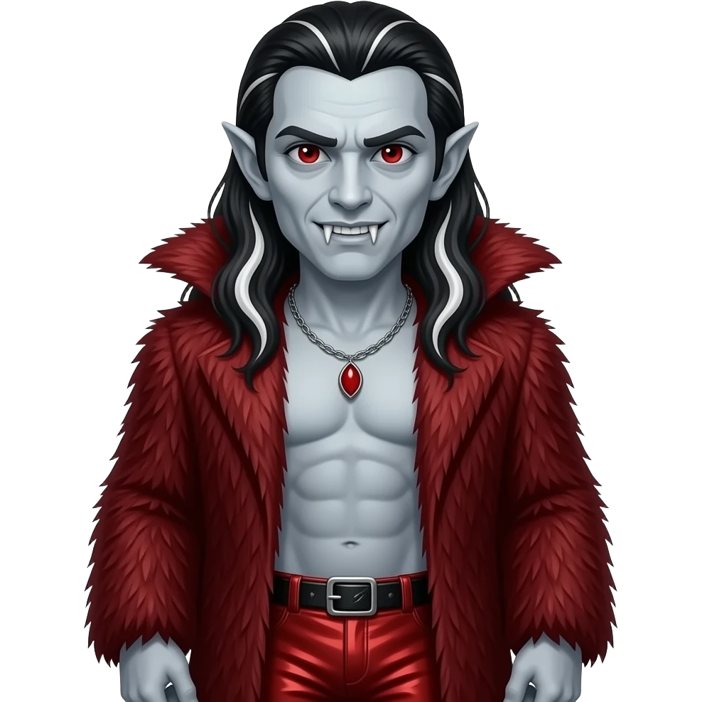 Count Dracula with pale grey skin, red eyes, long black hair with white highlights, crimson fur coat, crimson metallic faux baggy pants, shirtless with necklace emoji