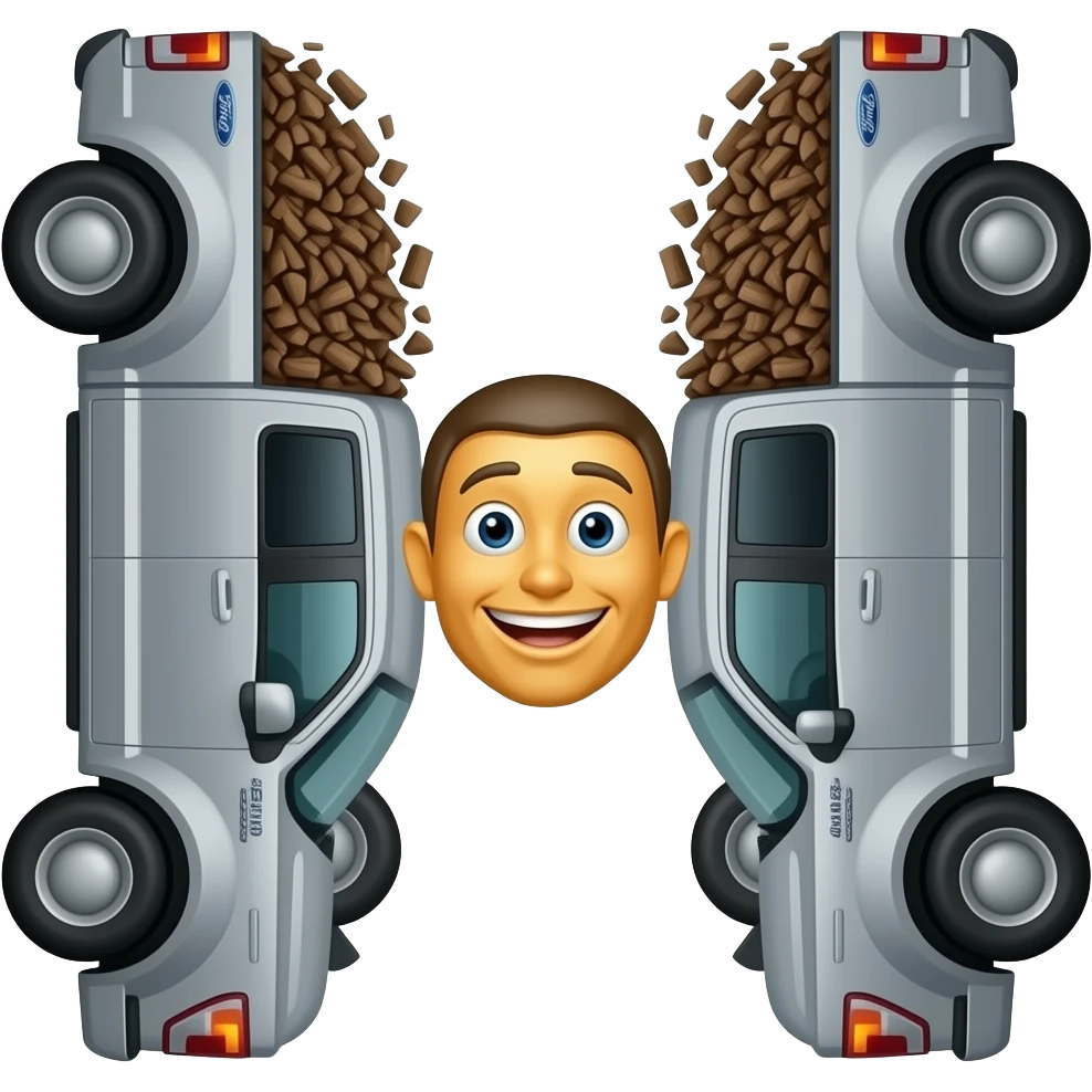 Put this emoji between to cars Gray F150 with full of bark chips in the back upside down in between two other cars emoji