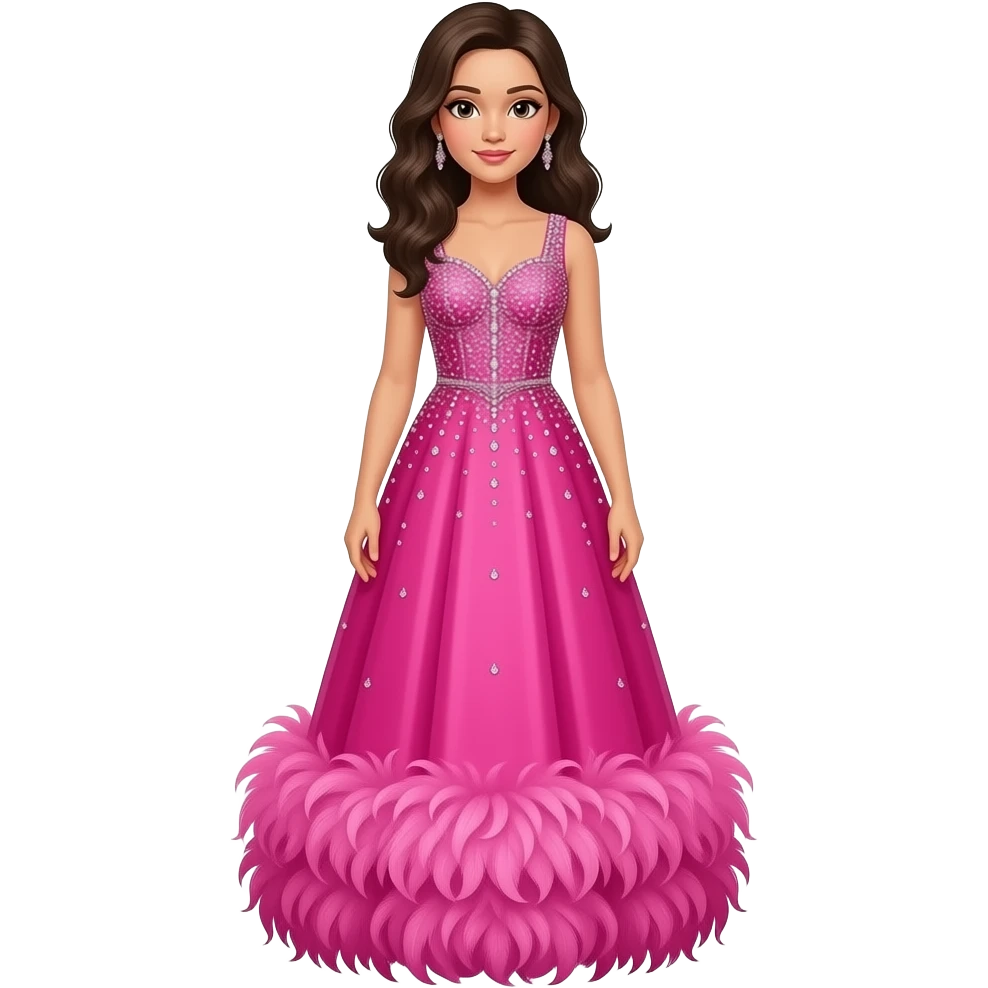 A girl Who wears bright pink, sleeveless, floor-length dress. The dress ...