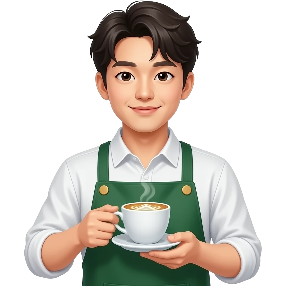 korean young man Barista + green apron + latte cup emoji