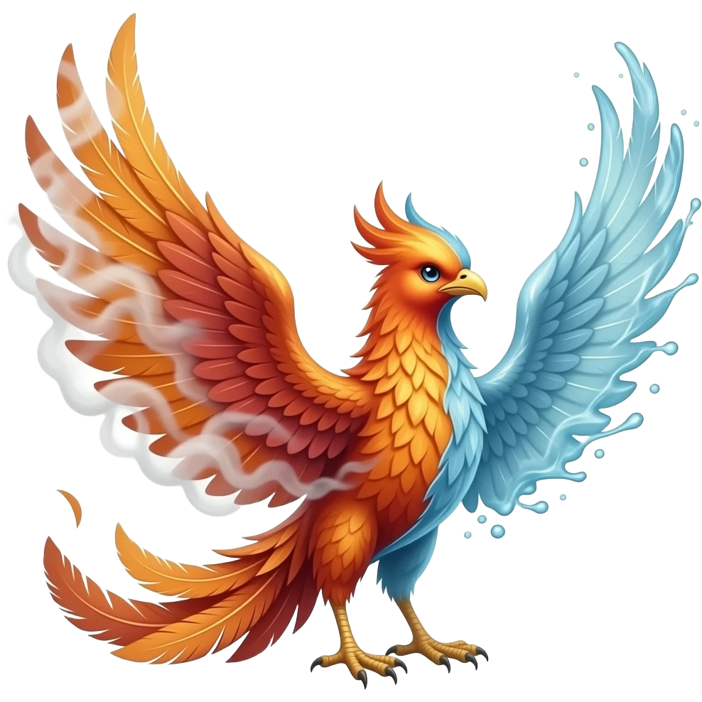 A phoenix with long tail feathers made of smoke on one side and water on the other side emoji